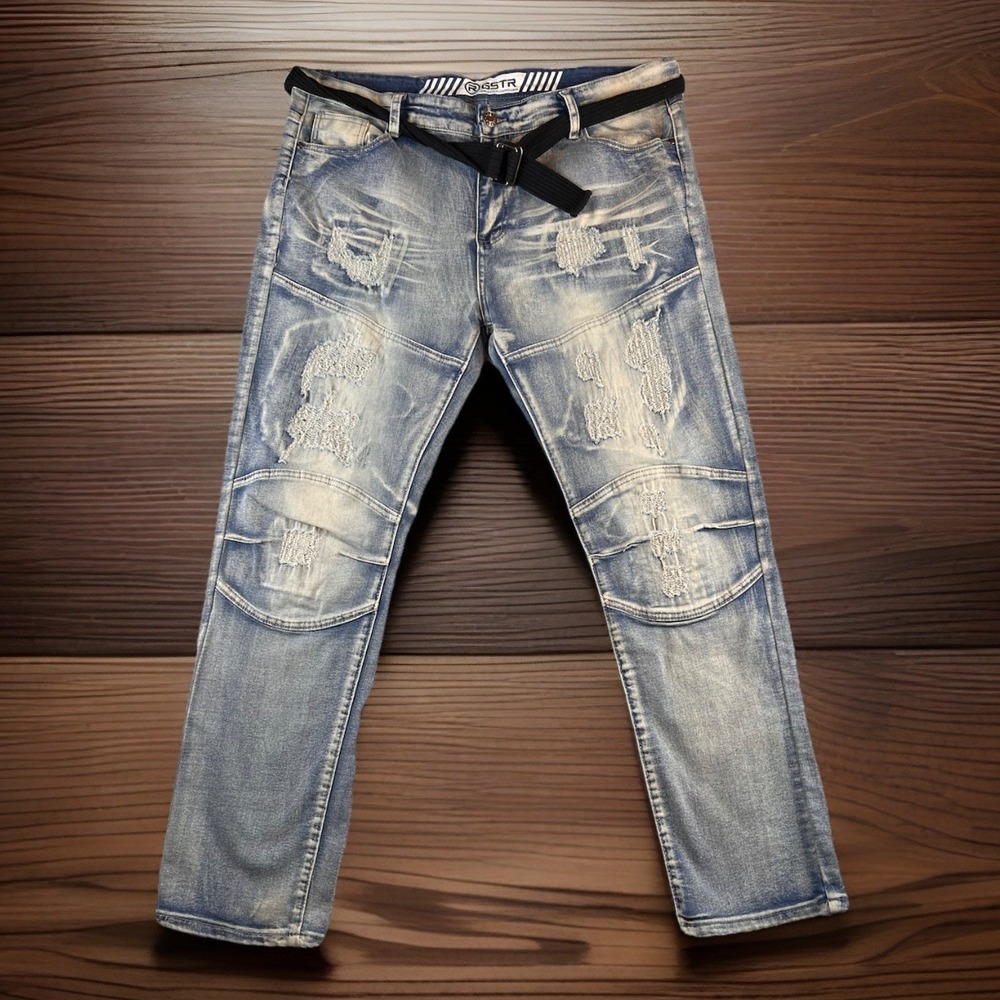 RGSTR Jeans Mens 38x30 Blue Distressed Belt Biker Rock